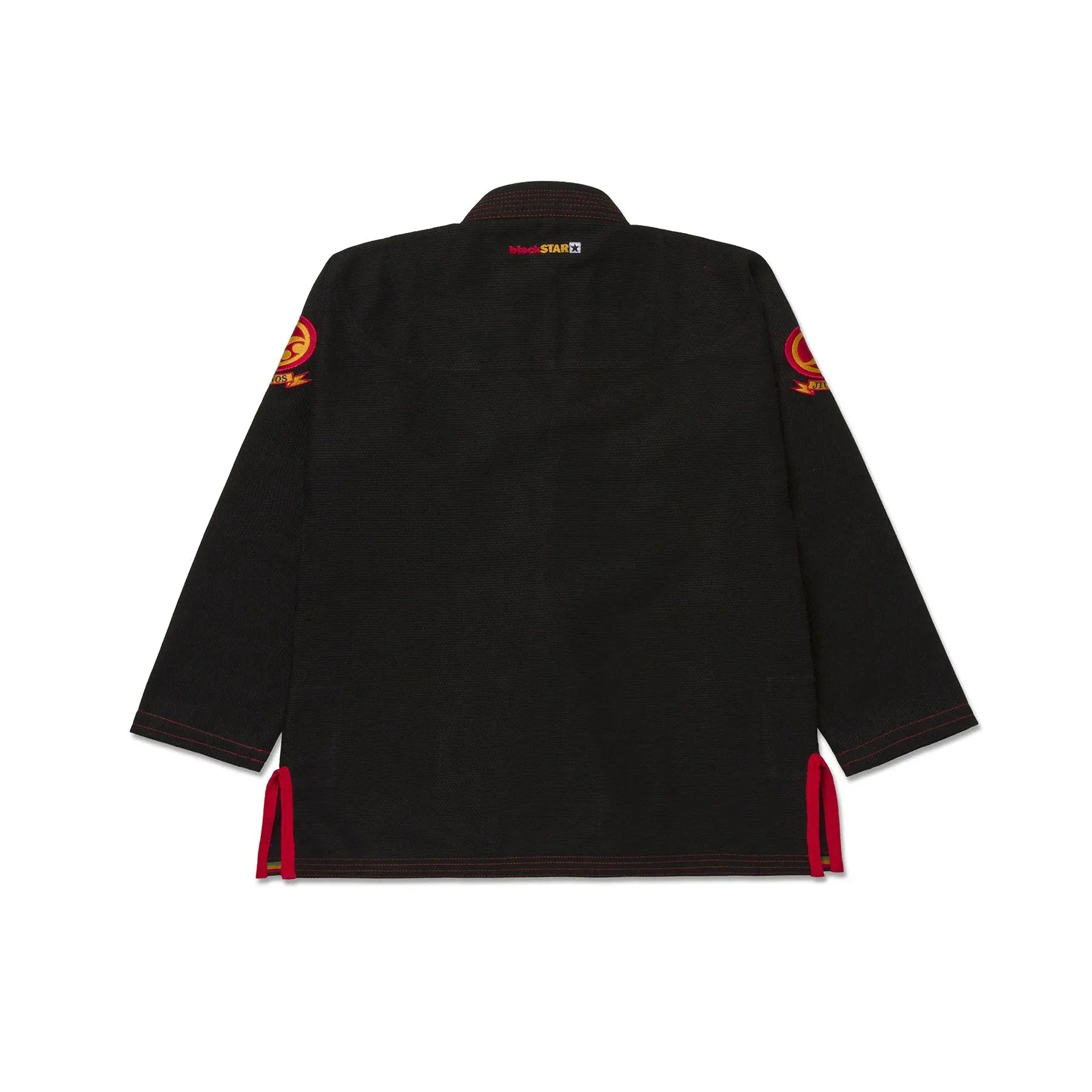 Black martial arts gi with red accents on a white background