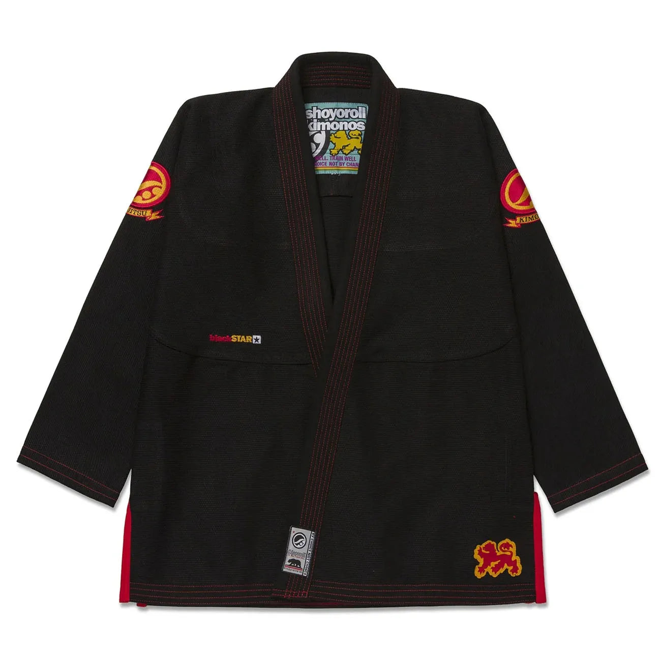 Black martial arts gi with red and yellow logos on a white background